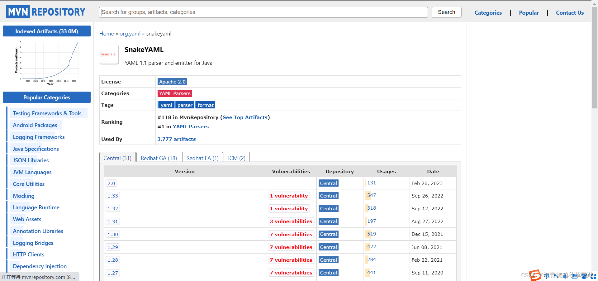 pom.xml中解决Provides transitive vulnerable dependency maven:org.yaml:snakeyaml:1.33警告,第1张