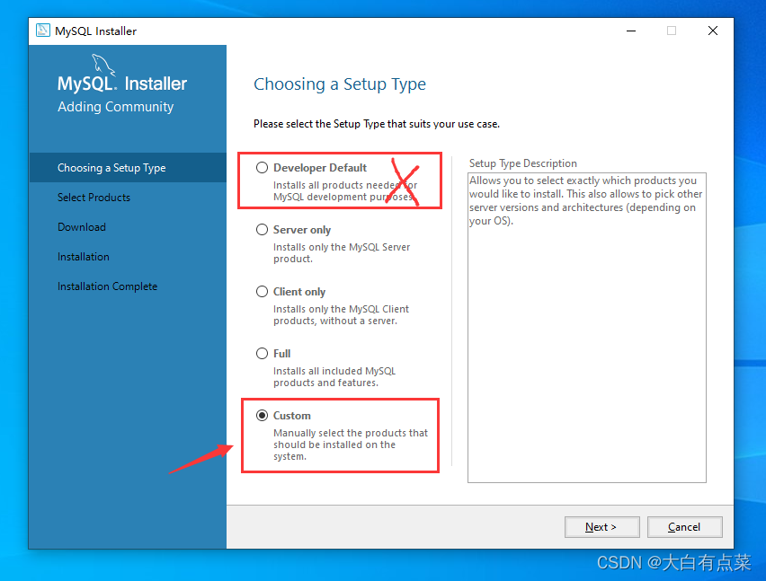 最新 MySQL 8.0.32 在Win10安装部署（详细）,默认是勾选“Developer Default”选项，去掉，此处应该勾选“Custom”选项，这样我们可以自定义安装路径和只安装想要安装的组件,第5张