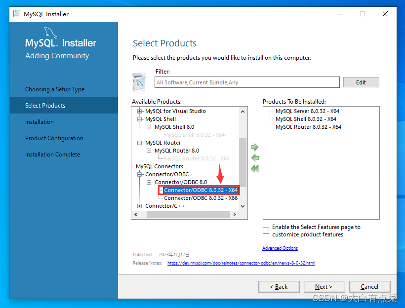 最新 MySQL 8.0.32 在Win10安装部署（详细）,最后只需再选择一个组件“Connector/ODBC 8.0.32 - X64”就行了。,第12张