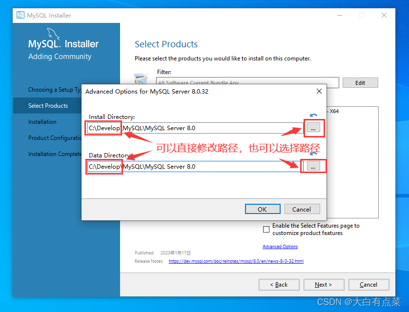 最新 MySQL 8.0.32 在Win10安装部署（详细）,修改“MySQL Server 8.0.32 - X64”的安装路径和数据存储路径。,第8张