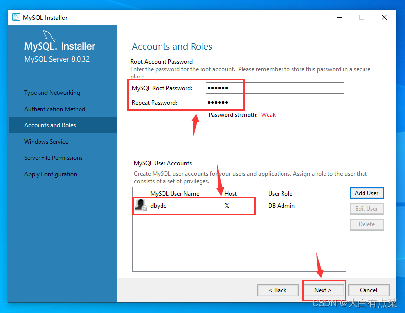 最新 MySQL 8.0.32 在Win10安装部署（详细）,设置好 ROOT 用户密码和添加完用户后，点“Next”。,第22张